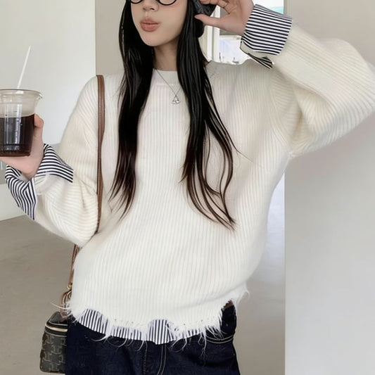 Distressed Striped Sweater with Mock Two Piece