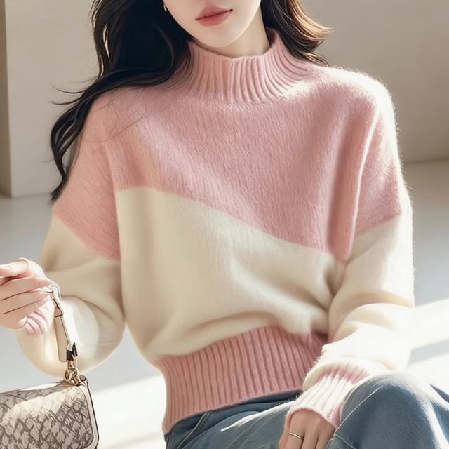 Two Tone Mock Neck Knit Sweater