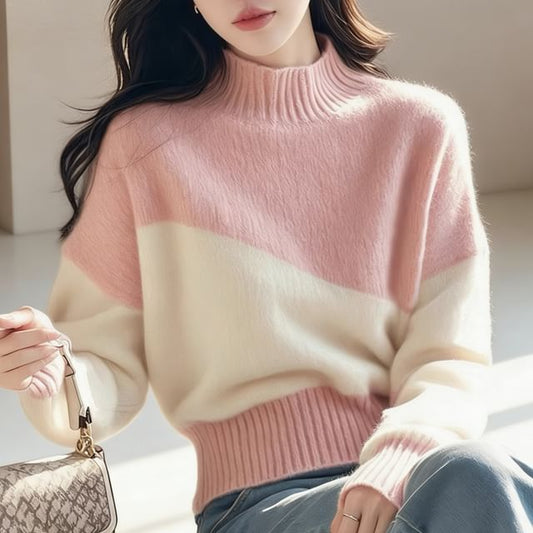 Two Tone Mock Neck Knit Sweater