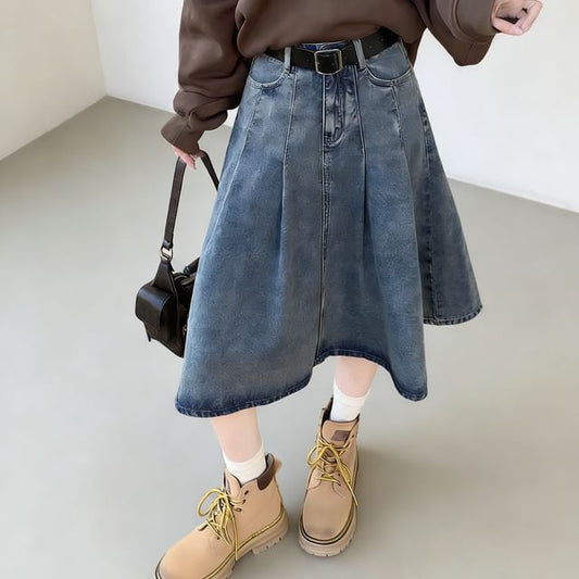 Denim Midi A-Line Skirt with Pleated Accents