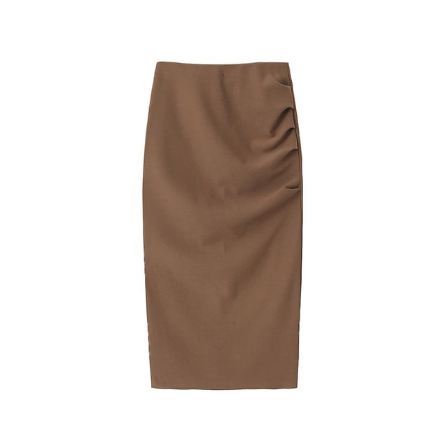 Midi Pencil Skirt with Slit and Ruched Detail