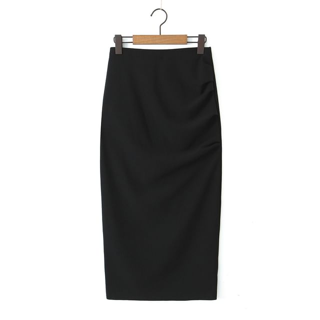 Midi Pencil Skirt with Slit and Ruched Detail
