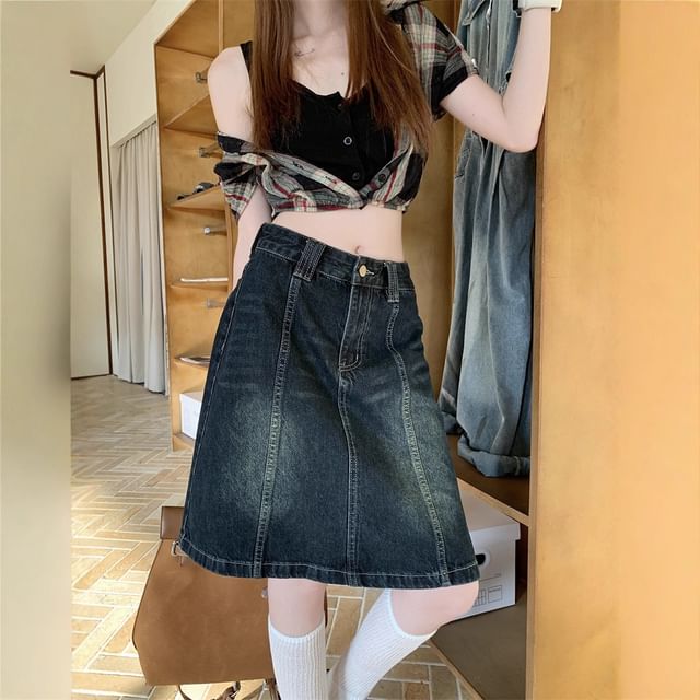 Panel A-Line Denim Skirt with Mid Rise