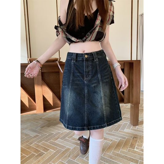 Panel A-Line Denim Skirt with Mid Rise