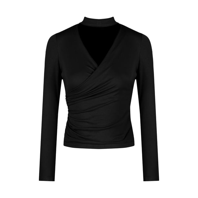 Ruched Slim Tee with Cutout Mock Neck