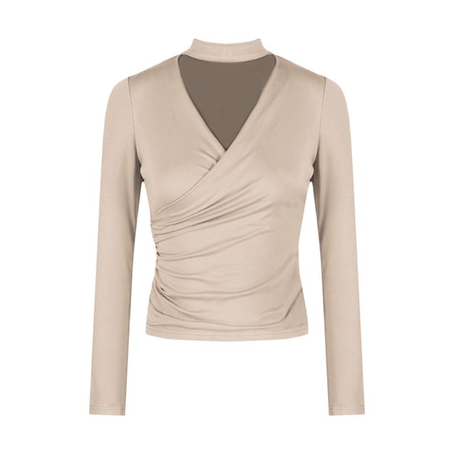 Ruched Slim Tee with Cutout Mock Neck