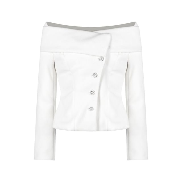 Off-Shoulder Button-Up Plain Crop Jacket / High Waist Mini Pencil Skirt
