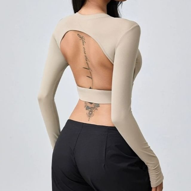 Backless Crop T-Shirt Round Neck Long Sleeve