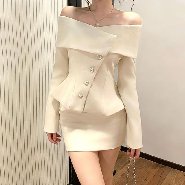 Off-Shoulder Button-Up Plain Crop Jacket / High Waist Mini Pencil Skirt