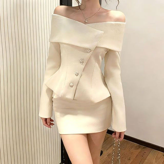 Off-Shoulder Button-Up Plain Crop Jacket / High Waist Mini Pencil Skirt