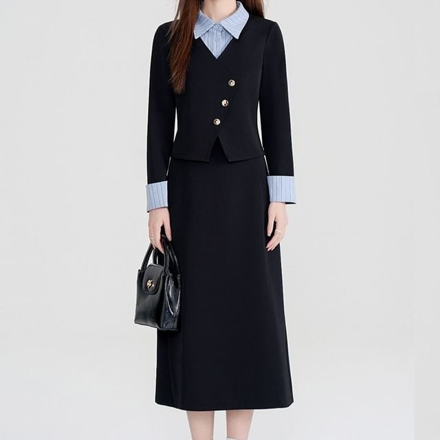 Striped Panel Button-Up Blouse & High Waist Plain Midi A-Line Skirt Set