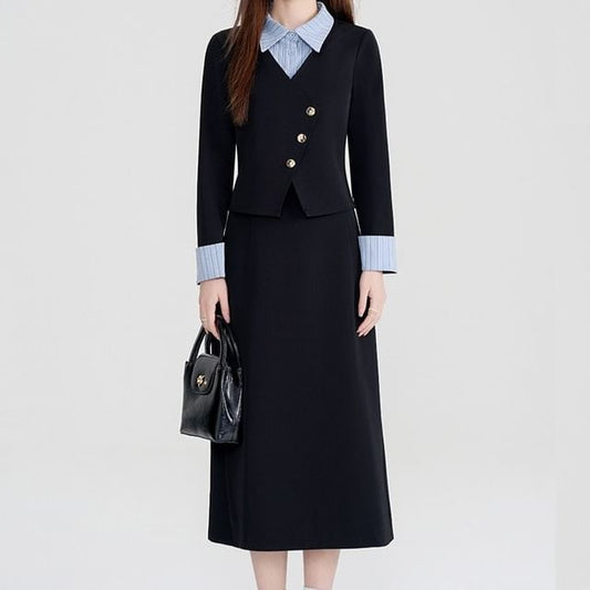 Striped Panel Button-Up Blouse & High Waist Plain Midi A-Line Skirt Set