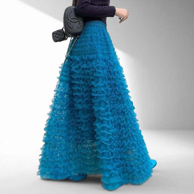 High Waist Plain Midi A-Line Ruffled Mesh Skirt