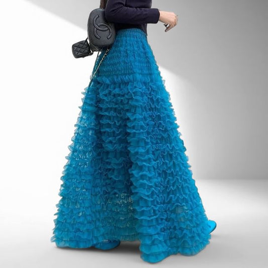 High Waist Plain Midi A-Line Ruffled Mesh Skirt