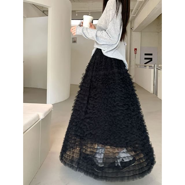 High Waist Plain Midi A-Line Ruffled Mesh Skirt
