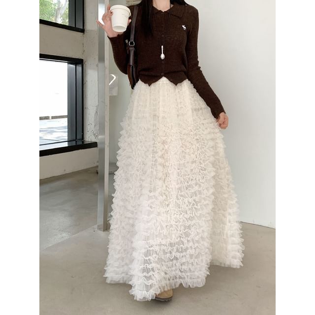 High Waist Plain Midi A-Line Ruffled Mesh Skirt