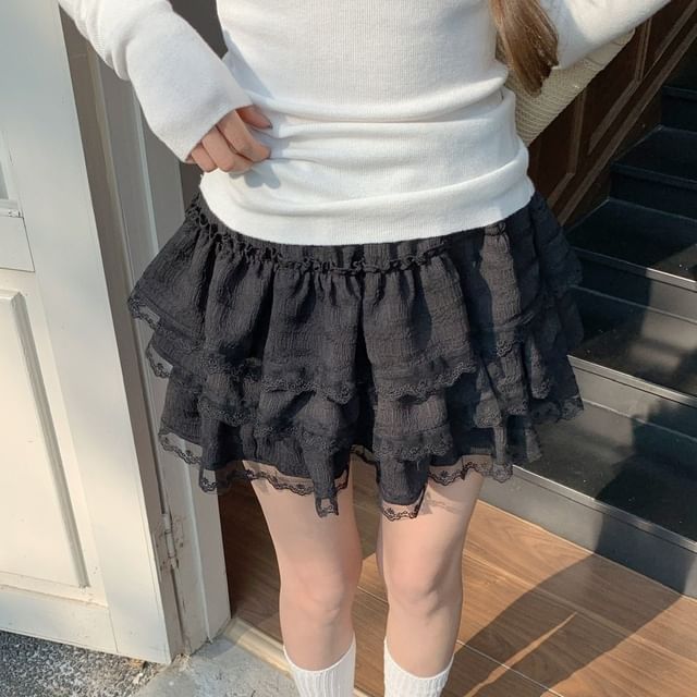 Tiered Lace Trim Mini A-Line Skirt with High Waist
