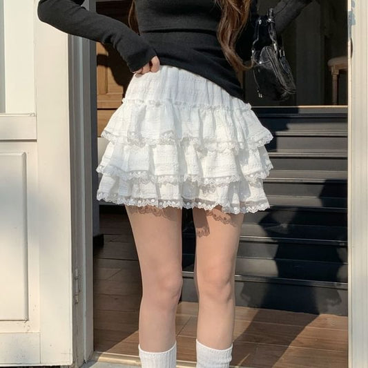 Tiered Lace Trim Mini A-Line Skirt with High Waist