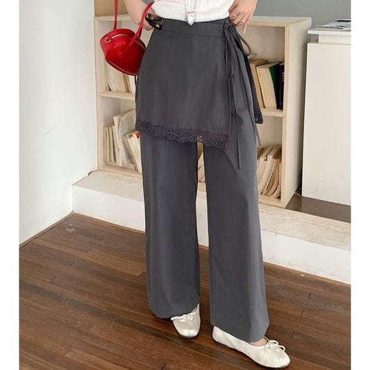 Wide Leg Pants and Lace Overlay Skirt Set - High Waist