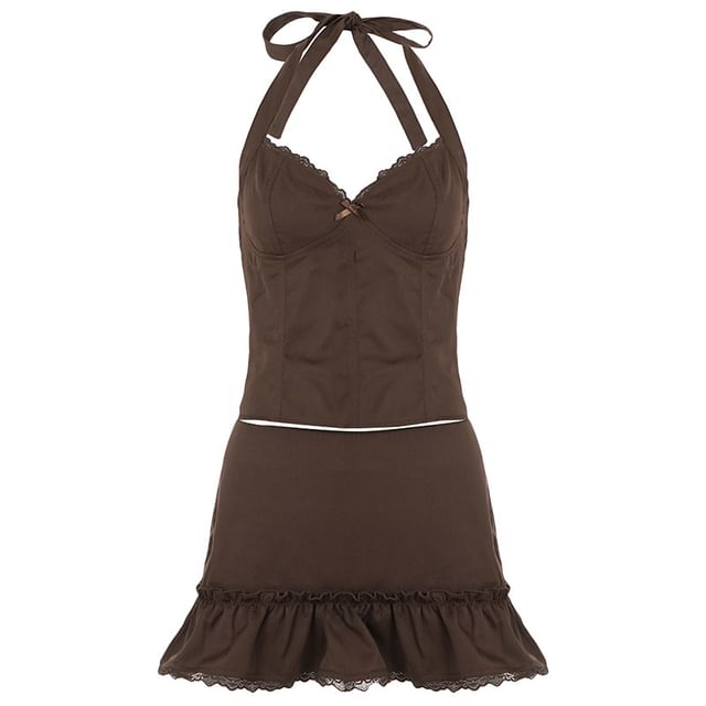 V-Neck Crop Top and Mini Skirt Set - Sleeveless