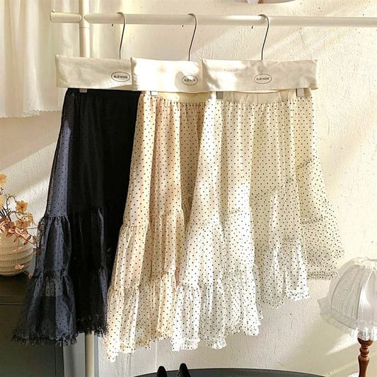 Dotted Mesh A-Line Skirt with Tiered Asymmetry