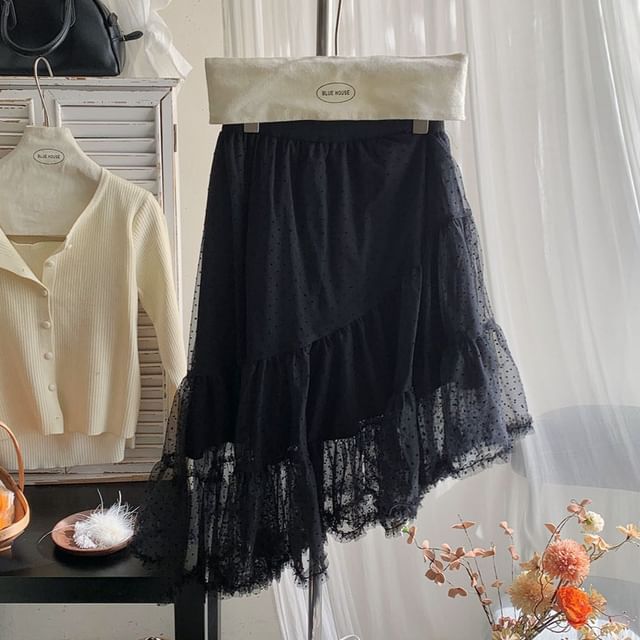 Dotted Mesh A-Line Skirt with Tiered Asymmetry