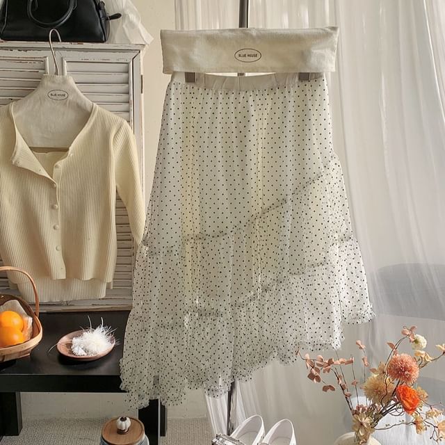 Dotted Mesh A-Line Skirt with Tiered Asymmetry