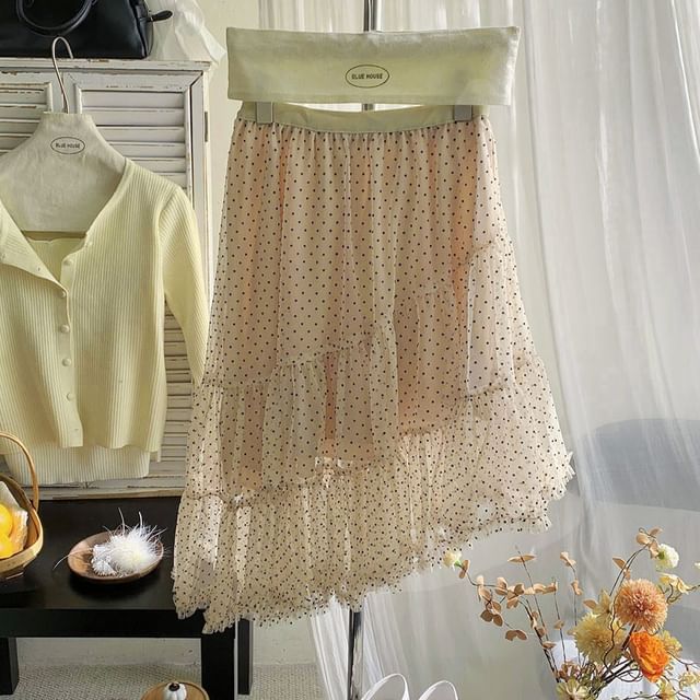 Dotted Mesh A-Line Skirt with Tiered Asymmetry