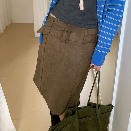 Faux Suede Midi A-Line Skirt with Belted Low Waist