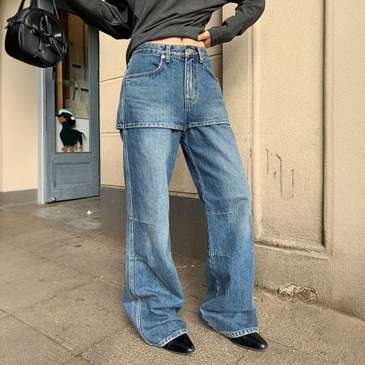 Flared Jeans with Overlay Skirt - Mid Rise