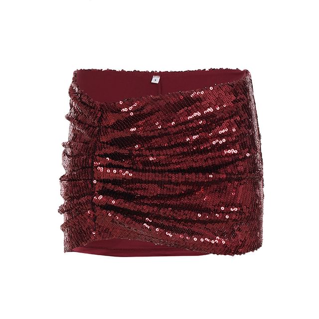 Off-Shoulder Lace Slim Fit Crop Top & Low Rise Sequin Ruched Mini Pencil Skirt