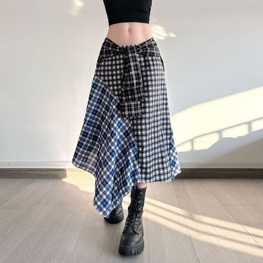 Low Rise Plaid Patchwork Asymmetrical Midi Skirt