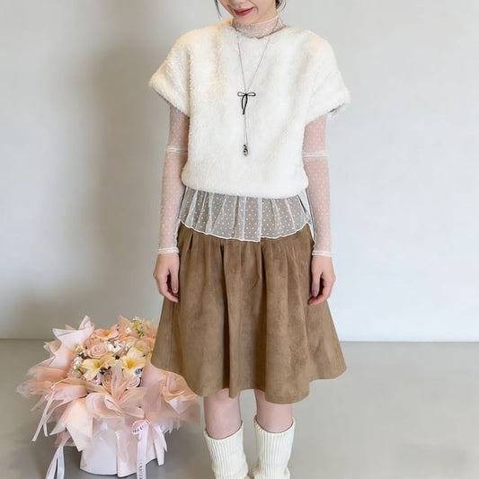 Mock Neck Polka Dot Sheer Top, Crew Neck Fleece Top & High Waist Suede A-Line Skirt