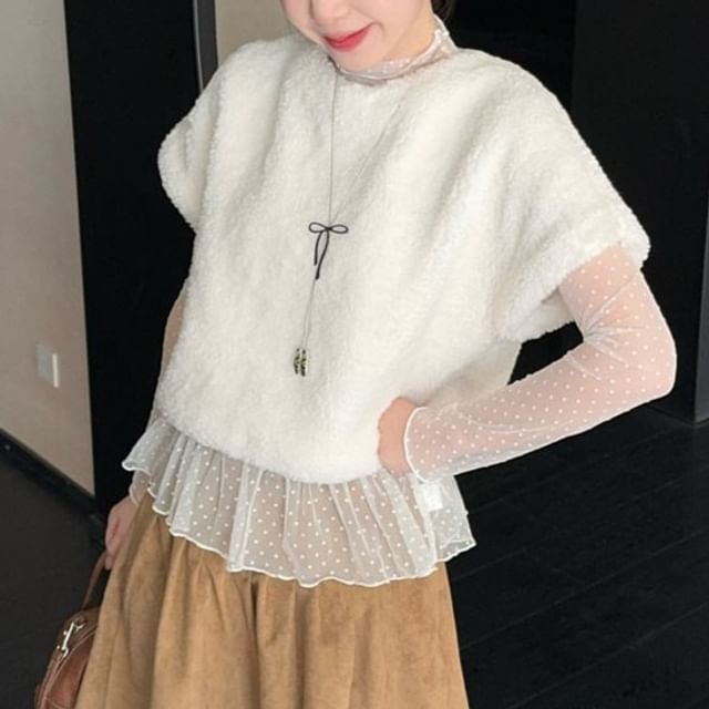 Mock Neck Polka Dot Sheer Top, Crew Neck Fleece Top & High Waist Suede A-Line Skirt