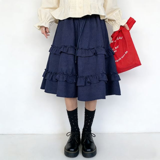 Drawstring Waist Plaid Ruffle A-Line Skirt