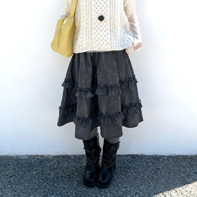 Drawstring Waist Plaid Ruffle A-Line Skirt