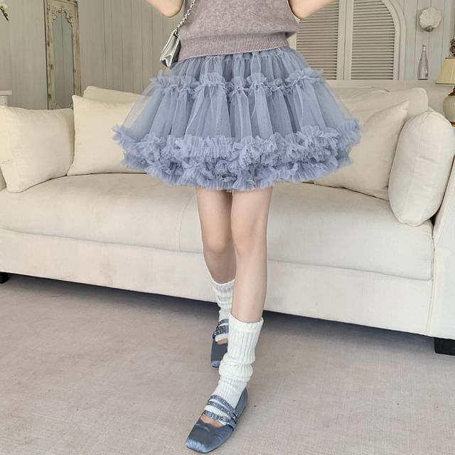 High Waist Frill Trim Layered Mesh Mini A-Line Skirt