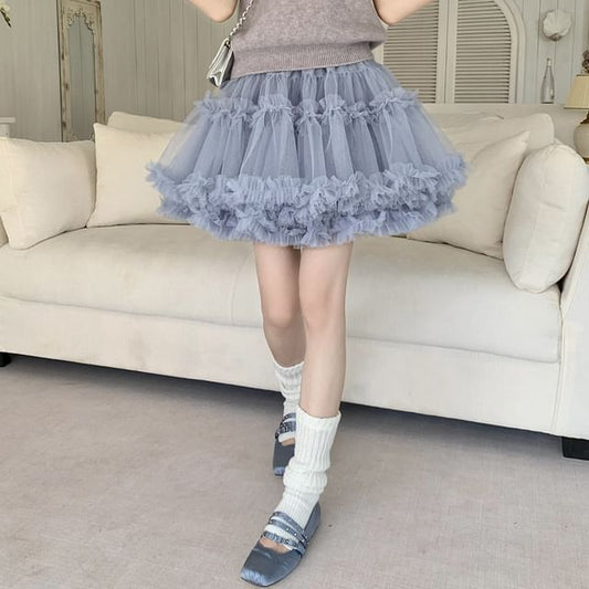 High Waist Frill Trim Layered Mesh Mini A-Line Skirt