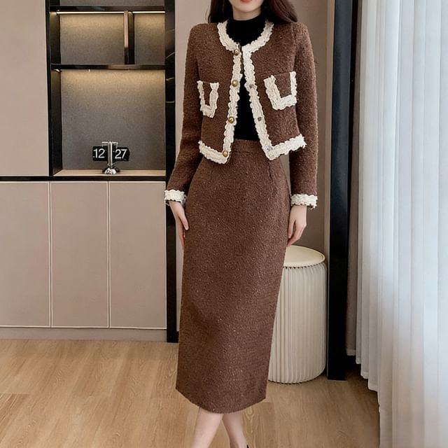 Round Neck Lace Trim Button-Up Jacket & High Waist Midi A-Line Skirt Set