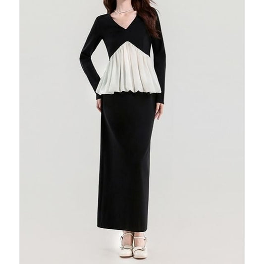 V-Neck Blouse and Maxi Pencil Skirt Set - Two Tone