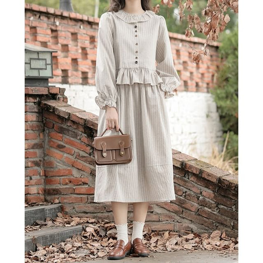 Pinstriped Blouse and Midi A-Line Skirt Set - Collared