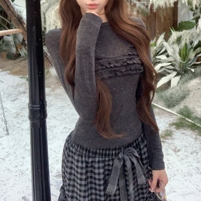 Crew Neck Tee, Scoop Neck Frill Camisole & High Waist Gingham Tiered Midi Skirt Set