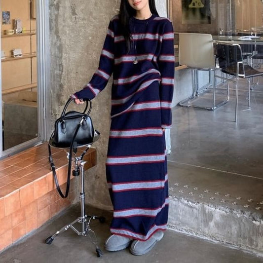 Crew Neck Striped Knit Top & High Waist Maxi Straight Skirt