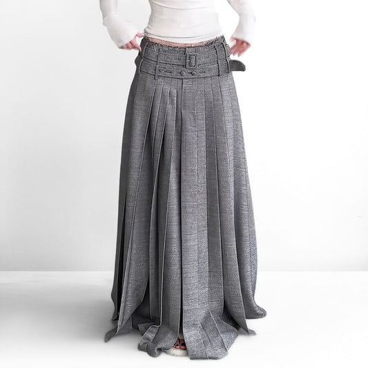 Mid Rise Frayed Pleated Maxi A-Line Skirt