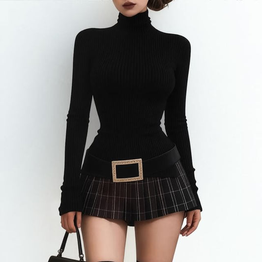 Turtleneck Tee, Low Rise Plaid Pleated Mini Skirt & Belt Set