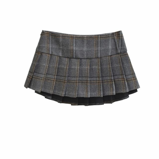 Mid Waist Plaid Pleated Mini A-Line Skirt