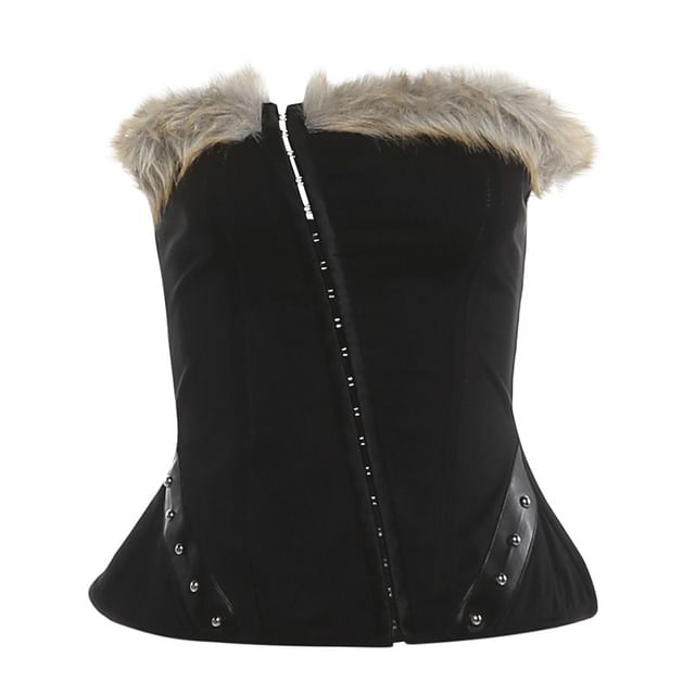 Studded Hook & Eye Faux Fur Tube Top, Mid Rise Mini Pencil Skirt & Belt