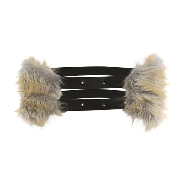 Studded Hook & Eye Faux Fur Tube Top, Mid Rise Mini Pencil Skirt & Belt