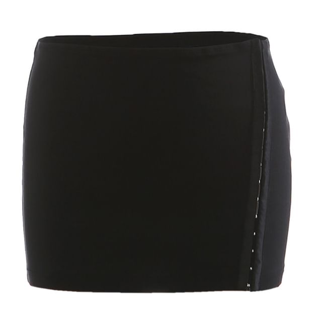 Studded Hook & Eye Faux Fur Tube Top, Mid Rise Mini Pencil Skirt & Belt