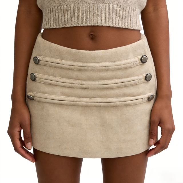 Mid Waist Plain Button Detail Mini Pencil Skirt